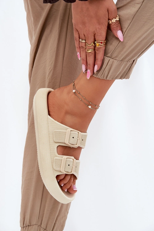 Klapki Damskie Na Platformie Z Klamrami Beżowe Nitiana