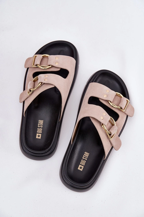 Zamszowe Klapki Damskie Z Ozdobnymi Klamrami Big Star RR274659 Jasnoróżowe