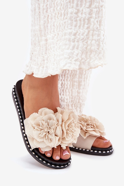 Klapki Damskie Z Materiałowymi Kwiatami Beżowe Elachase