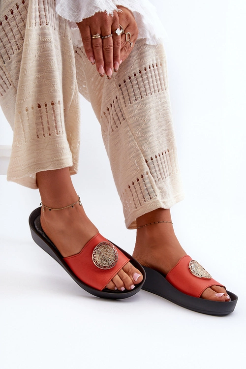 Zazoo 2920 Skórzane Klapki Damskie Na Koturnie Ze Złotym Detalem Pomarańczowe