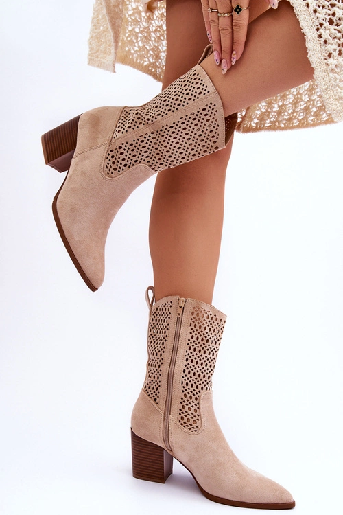 Damskie Wysokie Zamszowe Botki Kowbojki Beżowe Turner