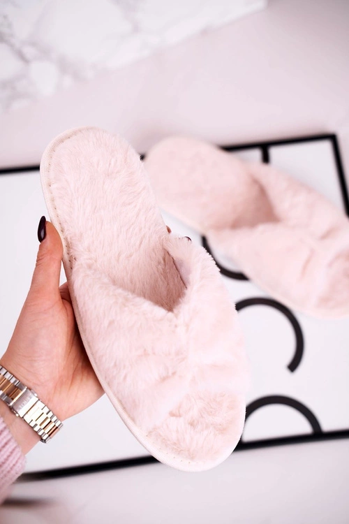 Damskie Klapki Papcie Futrzane Beżowe Bow