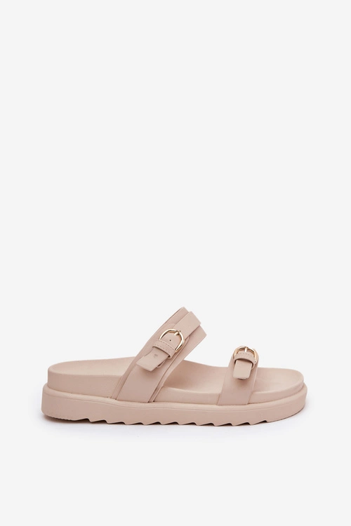 Klapki Damskie Na Platformie Ze Złotymi Klamrami Beżowe Wernone