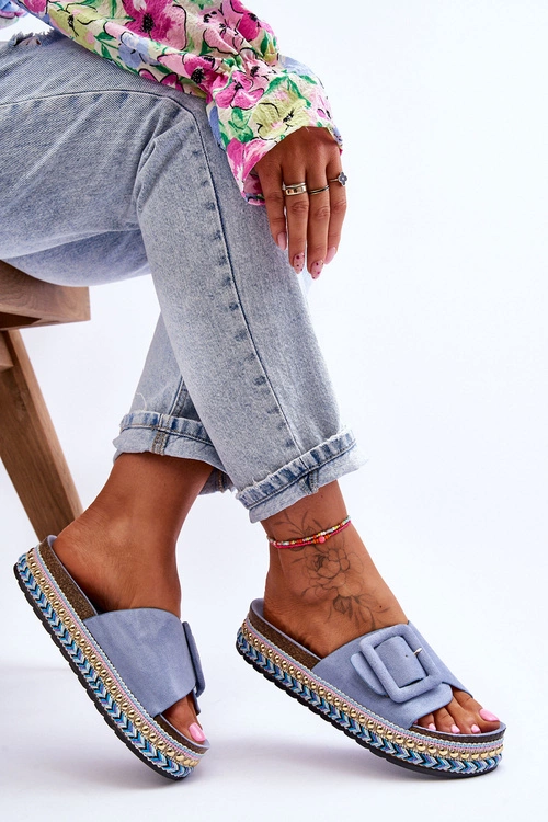 Damskie Klapki Na Zdobionej Platformie Niebieskie Joyce