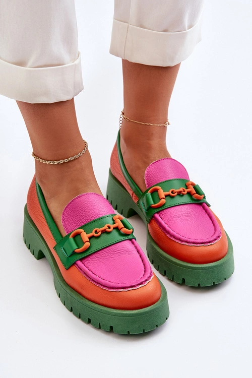 Mokasyny Skórzane Damskie Z Ozdobą CheBello 4444 Pomarańczowe