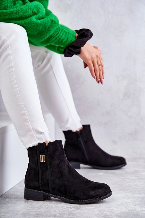 Damskie Zamszowe Botki Z Ozdobą Czarne Giana