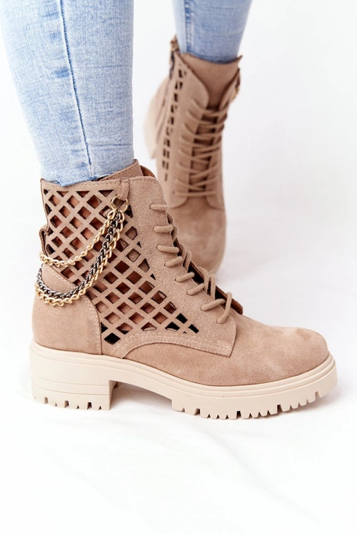 Ażurowe Botki Workery Lewski Shoes 3030-0 Piaskowe