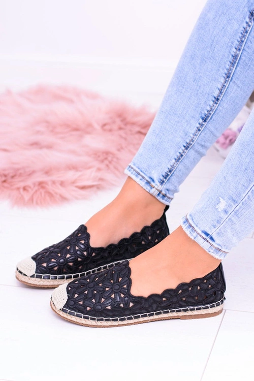 Lu Boo Damskie Baleriny Czarne Espadryle w Kwiaty Macarena
