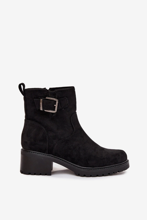 Ocieplane Botki Damskie Na Niskim Obcasie Klocku Z Klamrą Czarne Helvina