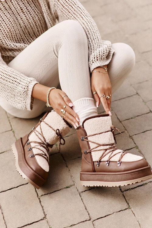 Śniegowce Damskie Na Platformie Z Wiązaniem Brązowe Riaviana