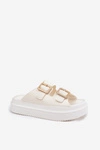 Klapki Damskie Na Platformie Ze Złotymi Klamrami Ecru Zorila 
