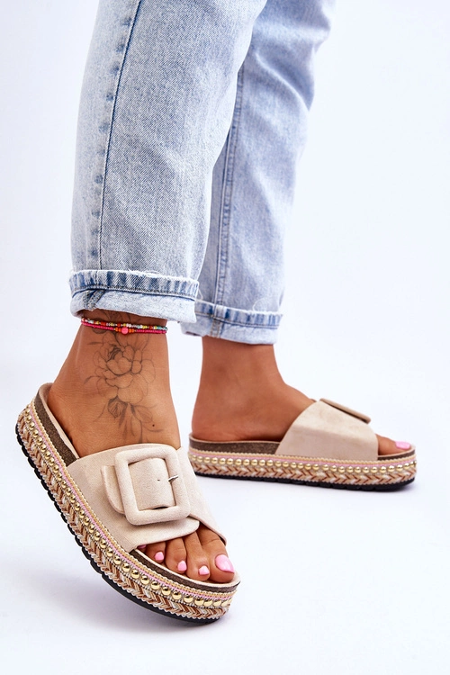 Damskie Klapki Na Zdobionej Platformie Beżowe Joyce