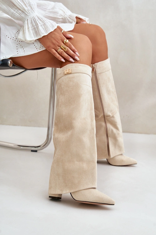 Kozaki Damskie Eko Zamszowe Z Wywiniętą Cholewką Na Słupku Beżowe Bralise