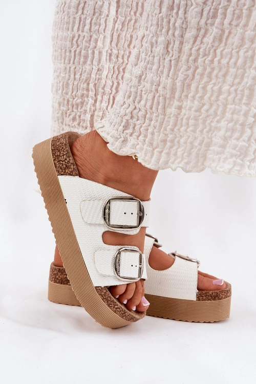 Klapki Damskie Platformie Z Klamrami Lee Cooper LCW-25-35-3496L Białe