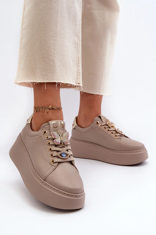 Damskie Skórzane Sneakersy Z Ozdobami CheBello 4292 Beżowe