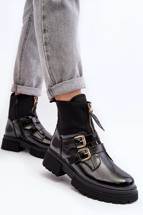 Lakierowane Botki Damskie Na Płaskim Obcasie Czarne Rellisa