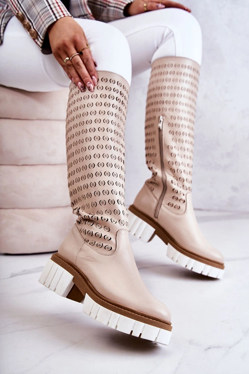 Ażurowe Skórzane Kozaki Na Suwak Beżowe Lativia