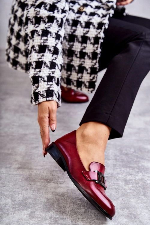 Modne Skórzane Półbuty Loafery Bordowe Trine