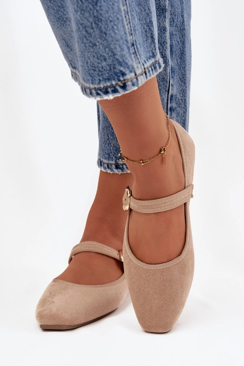 Baleriny Z Paskiem I Złotą Klamrą Eko Zamszowe Beżowe Adelora