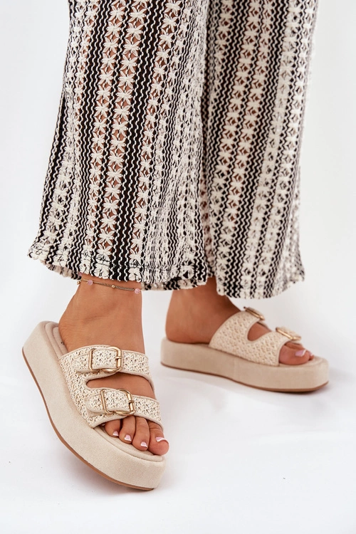 Klapki Damskie Na Platformie Z Klamrami I Plecionką Beżowe Limme