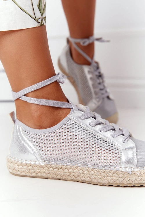 Sznurowane Ażurowe Espadryle S.Barski L17704 Srebrne