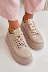 Damskie Skórzane Sneakersy Na Platformie Z Ozdobami CheBello 4585 Beżowe