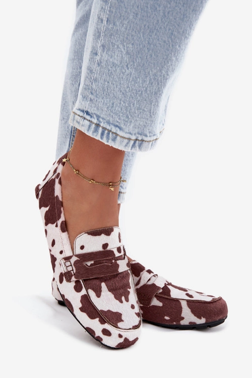 Loafersy Mokasyny Damskie Płaskie W Łaty Brązowo-Białe Roseline