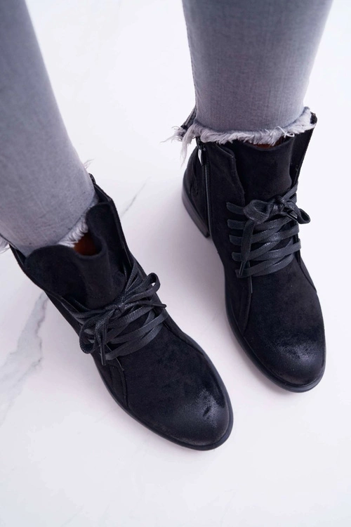 Botki Damskie Płaski Obcas Workery Czarne Teref