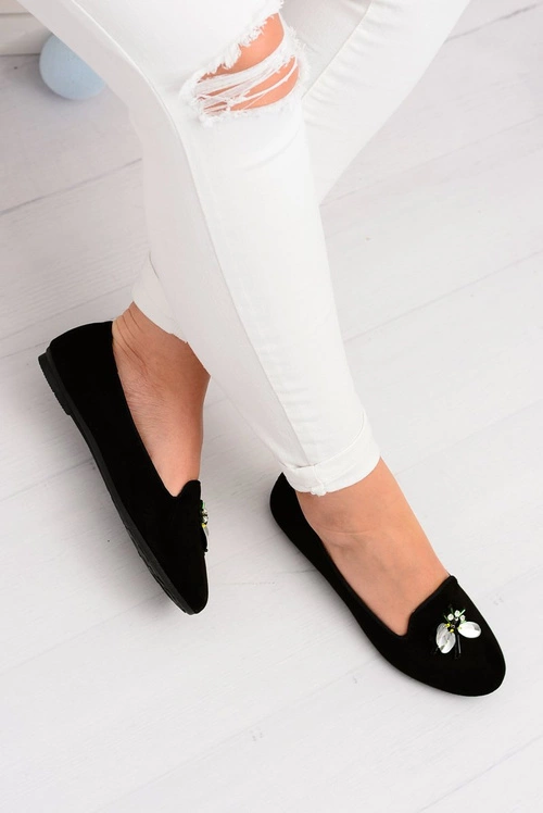 Zamszowe Czarne Damskie Balerinki Lordsy Veni