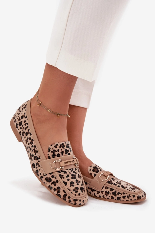 Mokasyny Loafersy Damskie Z Ozdobnym Elementem Panterka Beżowe Evelora