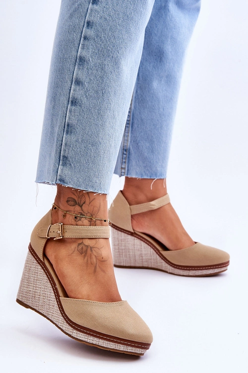 Damskie Klasyczne Sandały Na Koturnie Ciemnobeżowe Malani