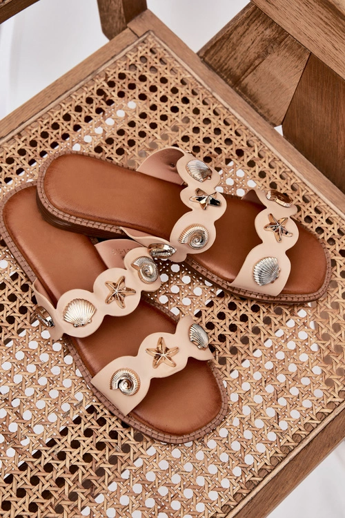 Klapki Damskie Ze Złotymi Przypinkami Beżowe Jenoriela