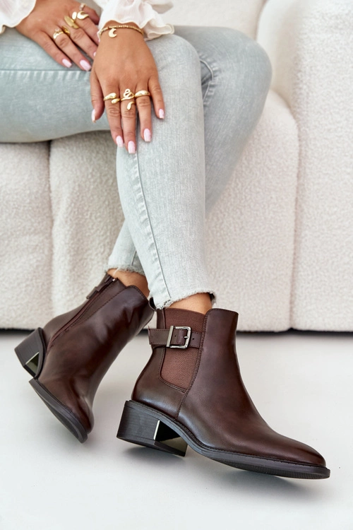 Botki Sztyblety Damskie Na Niskim Obcasie Ze Złotą Klamrą Brązowe Vomera