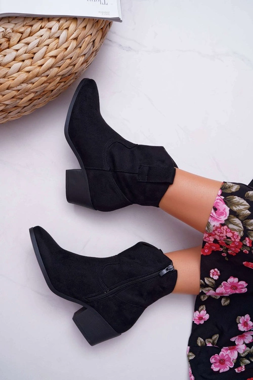 Botki Damskie Płaski Obcas Kowbojki Czarne Telifa