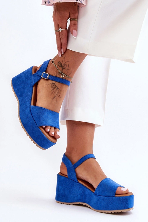 Damskie Zamszowe Sandałki Na Koturnie Niebieskie Lydia