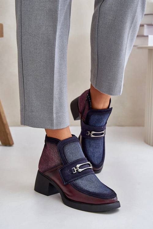 Skórzane Botki Damskie Na Masywnym Obcasie Z Ozdobą Maciejka A6747-23 Bordowo-Granatowe