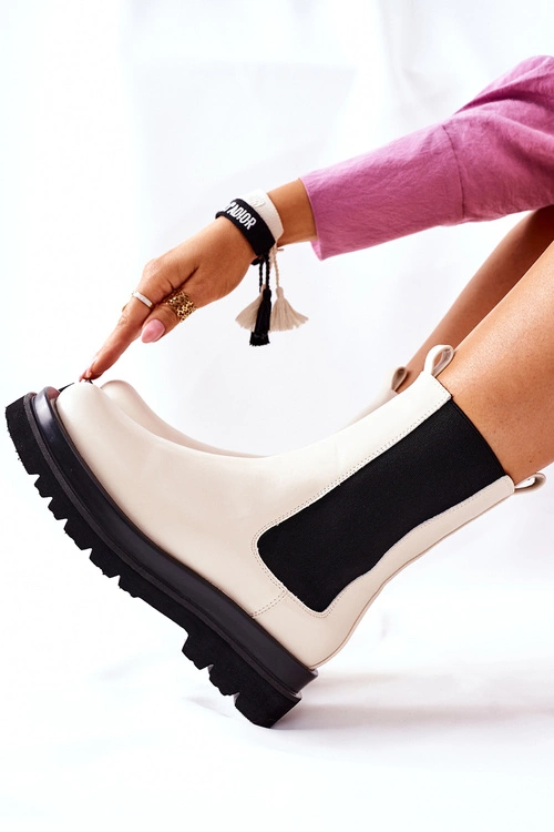 Damskie Wysokie Botki Sztyblety Beżowe Belive