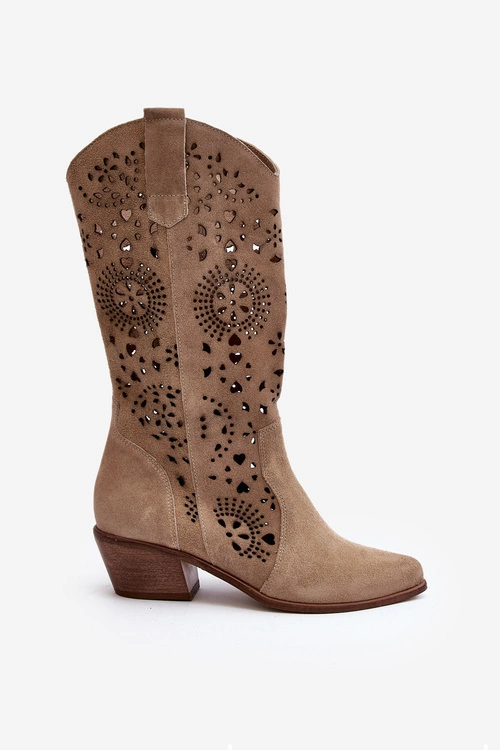 Zazoo 3396 Zamszowe Ażurowe Kozaki Do Połowy Łydki Jasnobeżowe