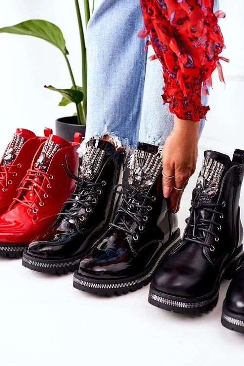 Lakierowane Ocieplane Workery Z Cyrkoniami Czarne Attention