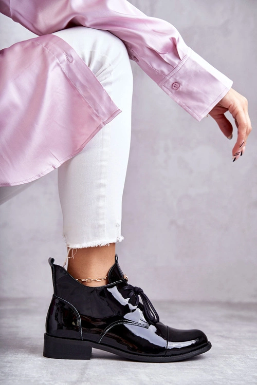 Lakierowane Botki Trzewiki Sznurowane Nicole 2781 Czarne