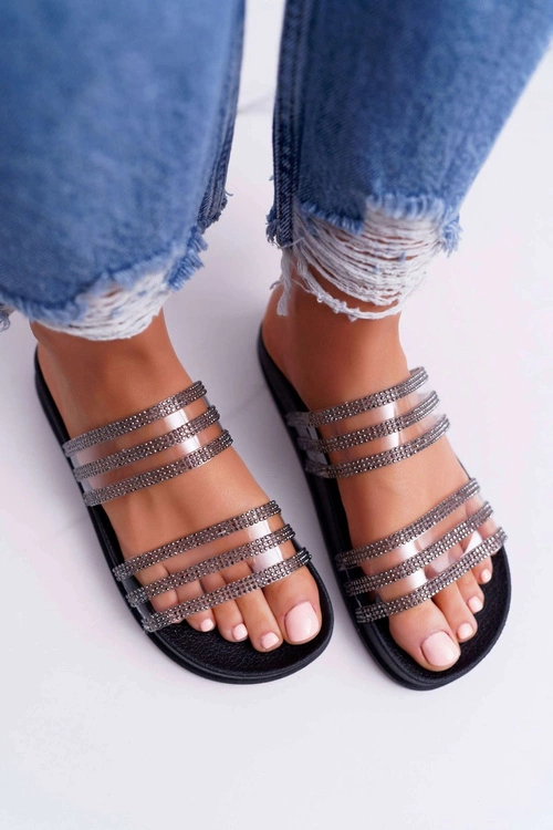 Damskie Klapki Z Cyrkoniami Czarne Larena