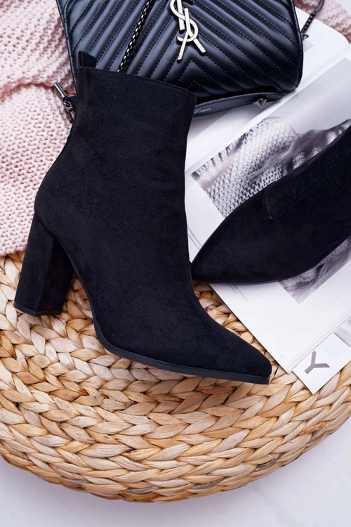 Botki Damskie Na Słupku Suwak W Szpic Zamszowe Czarne Ferol