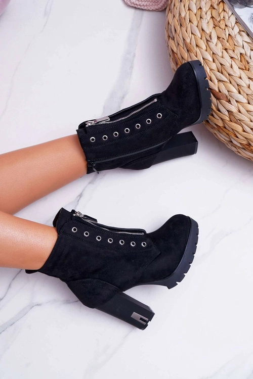 Botki Damskie Na Słupku Ozdobny Suwak Zamsz Czarne Imagine