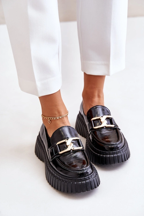 Zazoo 20176 Lakierowane Półbuty Mokasyny Damskie Ze Skóry Naturalnej Czarne