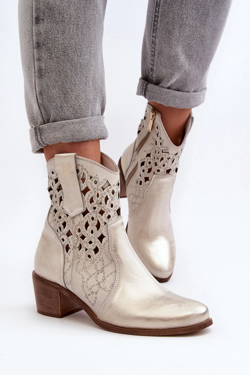 Zazoo 3394 Damskie Botki Na Obcasie Ażurowe Złote