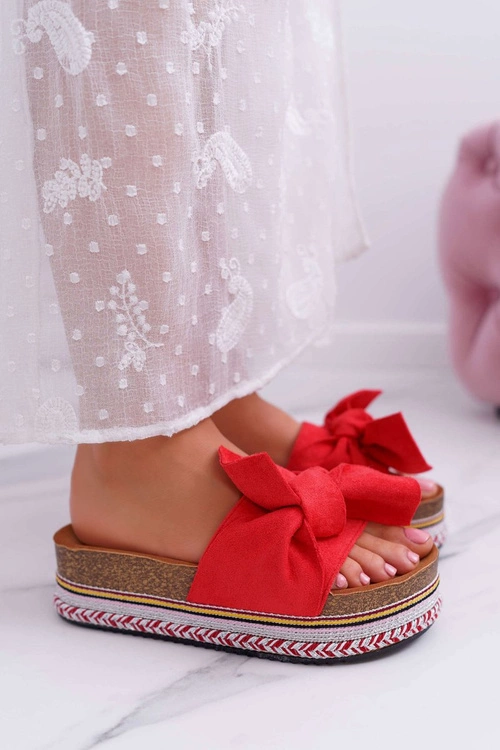 Klapki Damskie Na Platformie Z Kokardą Czerwone Chantal
