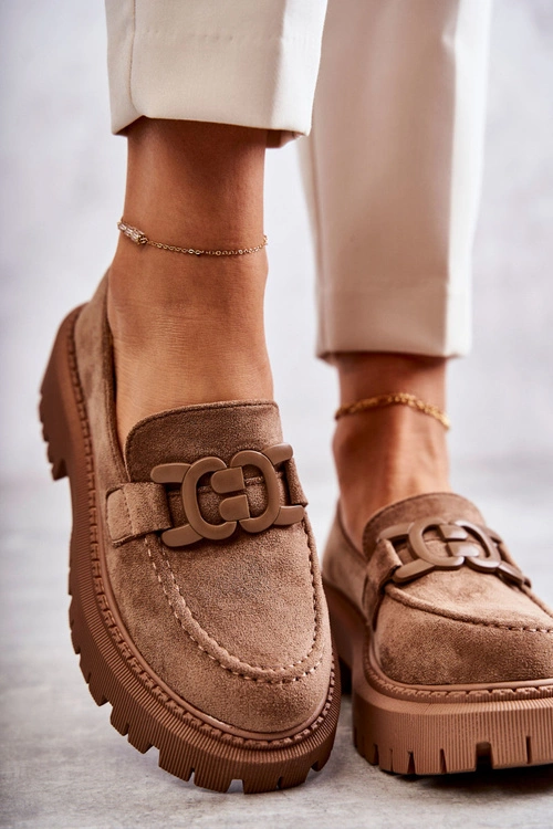 Damskie Półbuty Zamszowe Z Ozdobą Ciemnobeżowe Leeza