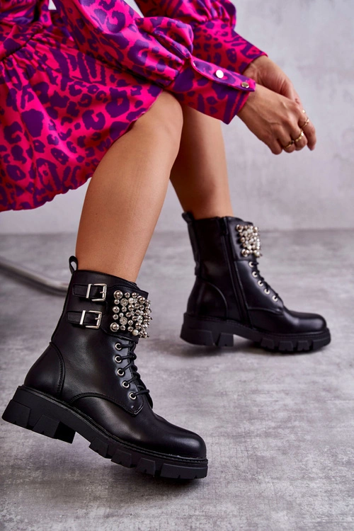 Damskie Botki Z Ozdobami Wiązane Czarne Leonese