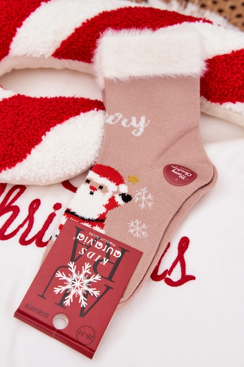 Skarpetki Świąteczne Dziecięce Z Futerkiem I Mikołajem Wełna Alpaka Ciemnobeżowe
