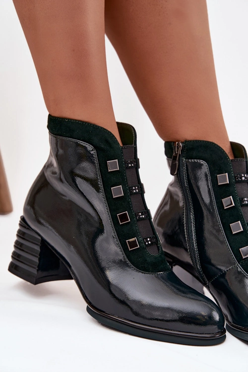 Lakierowane Botki Damskie Z Naturalnej Skóry Na Słupku D&ACR52-696 Ciemnozielone